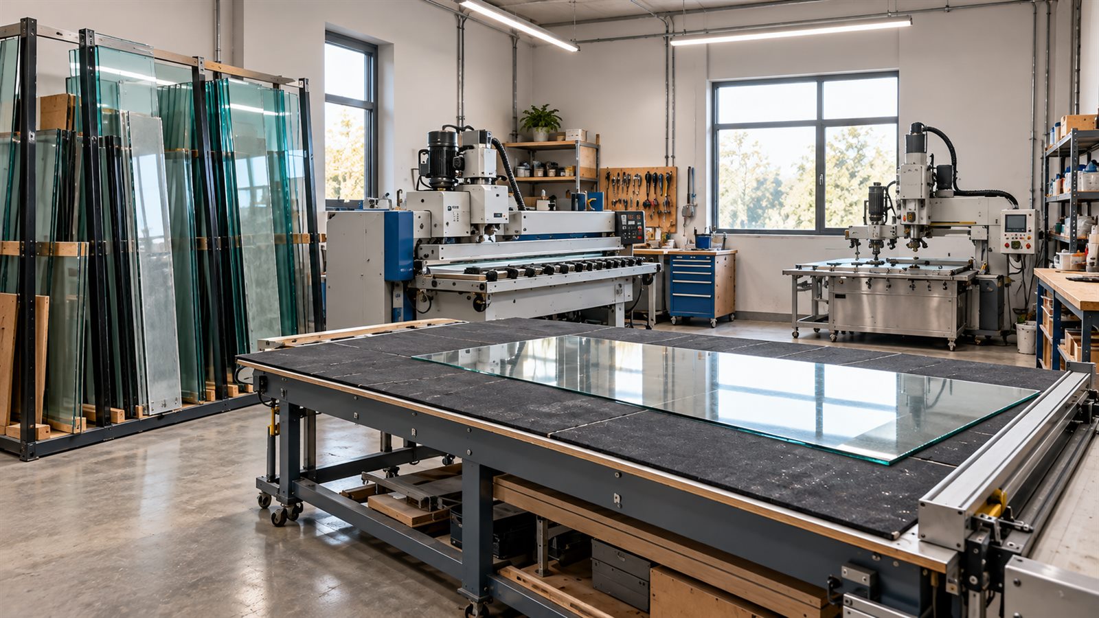 Glass workshop with a cutting table and glass-processing machines