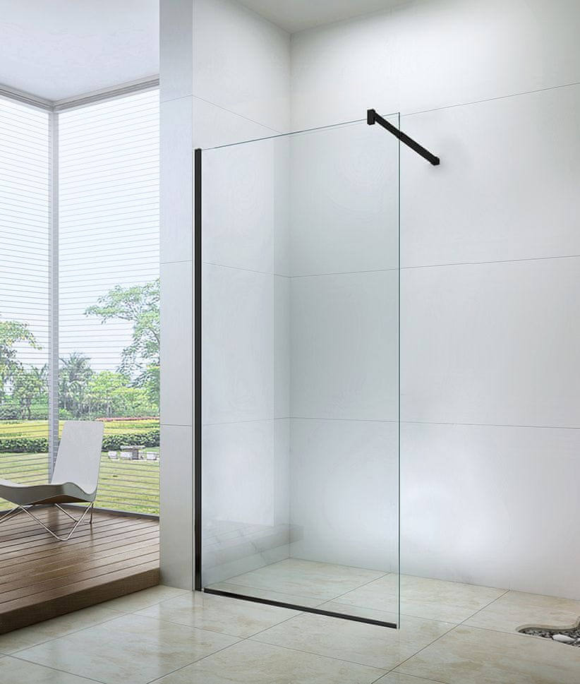 Steklena tuš stena BASIC BLACK, 100x200cm, 8mm, Easy Clean, črni profili in palica