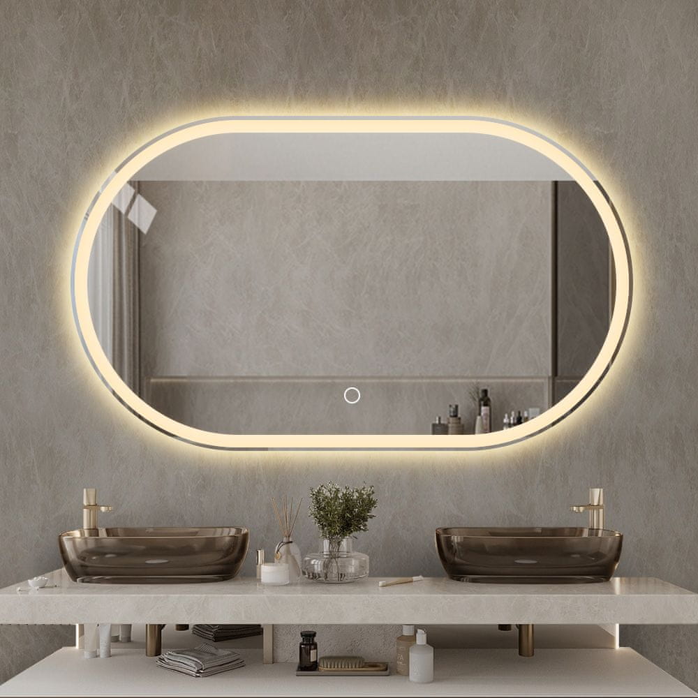 LED ogledalo S612A , 100x60cm, ovalno kopalniško LED ogledalo, 3 barve LED, dimmer, antifog