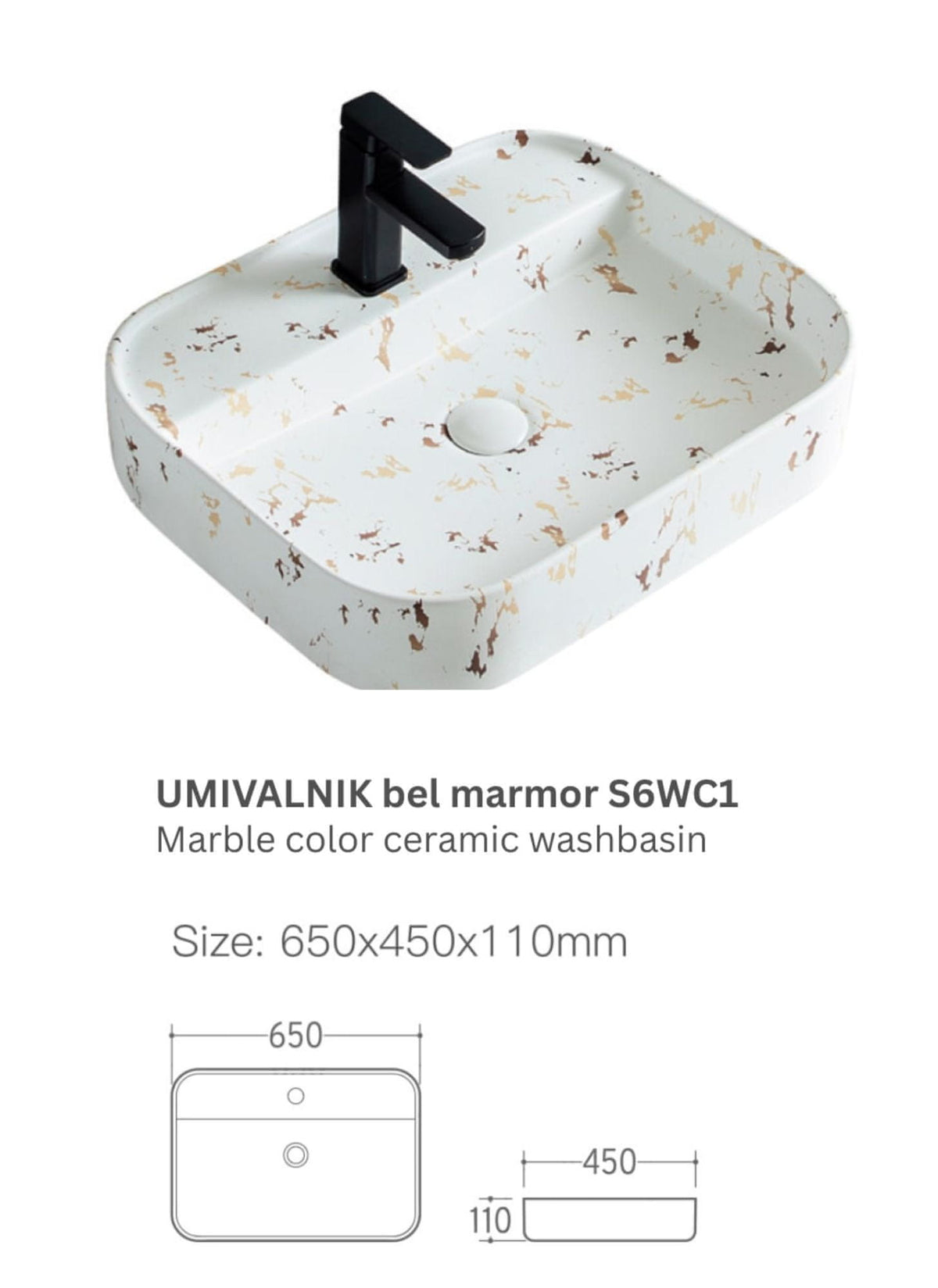 UMIVAONIK bijeli mramor S6WC1, 55×45×11 cm, nadgradni