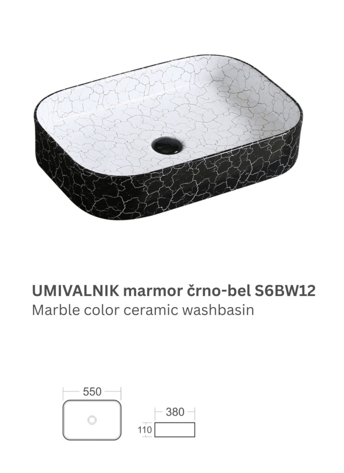 UMIVAONIK mramorni crno-bijeli S6BW12, 55 × 38 × 11 cm