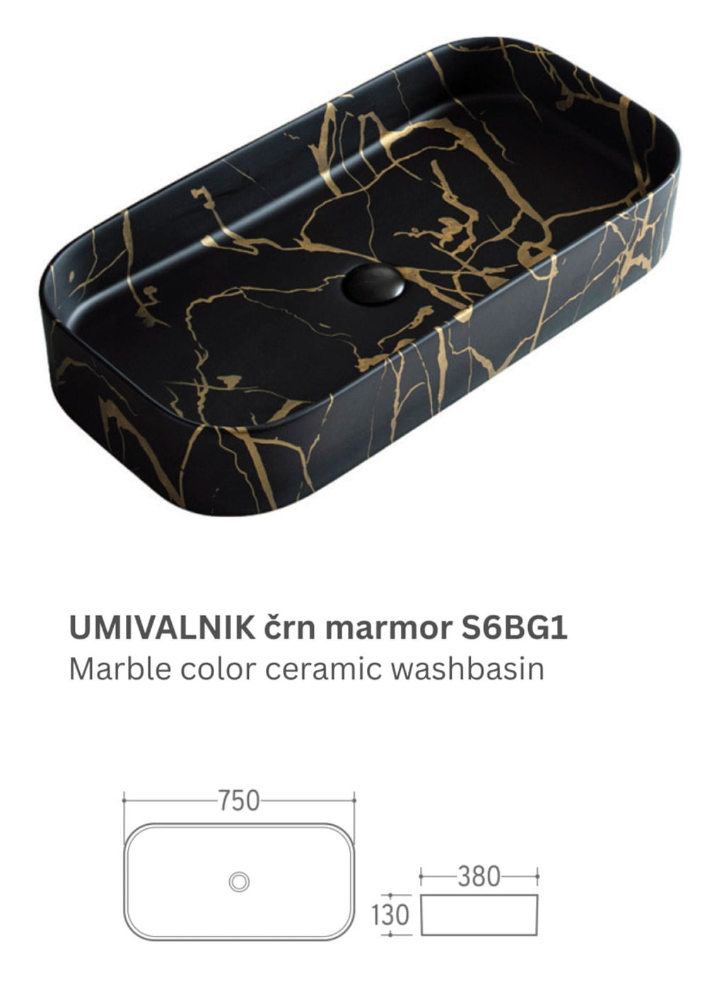 UMIVAONIK crni mramor S6BG1, 75 × 38 × 13 cm