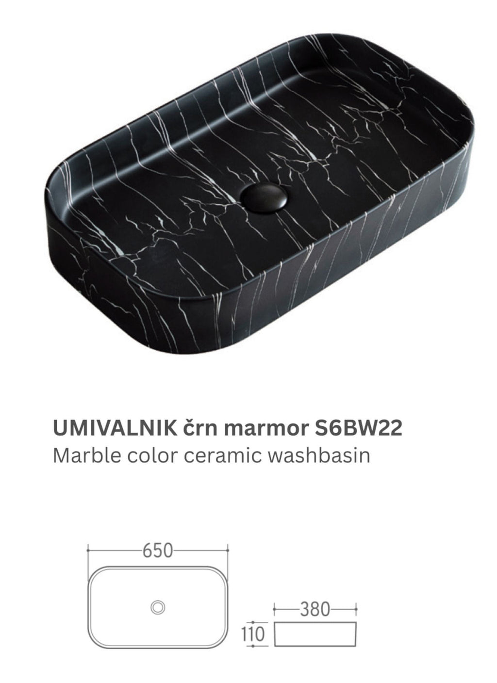 UMIVAONIK crni mramor S6BW22, 65 × 38 × 11 cm