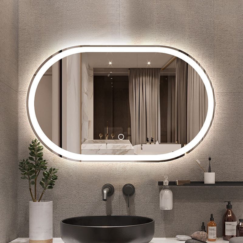 LED ogledalo S612A , 100x60cm, ovalno kopalniško LED ogledalo, 3 barve LED, dimmer, antifog