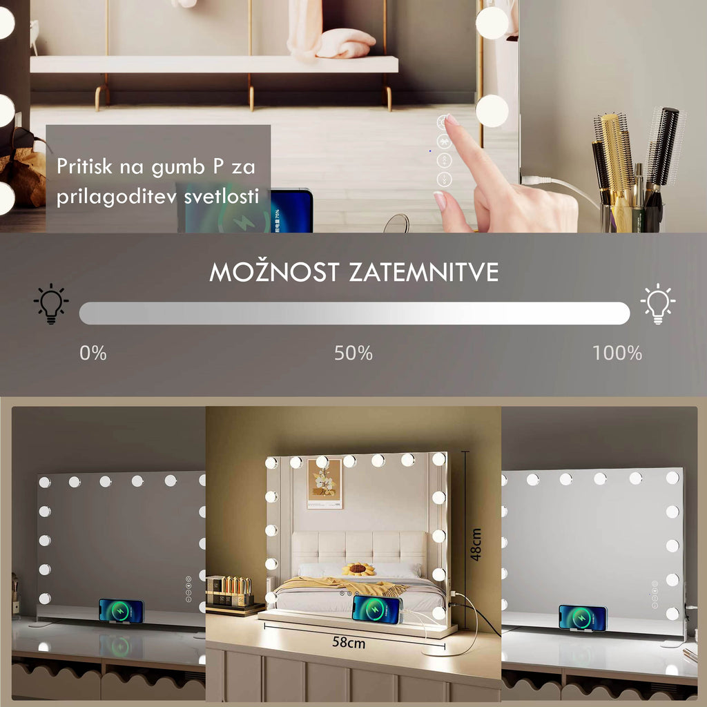 Make-up LED OGLEDALO Hollywood S6H01B, 58 × 48 cm z Bluetooth zvočnikom – 3. pogled