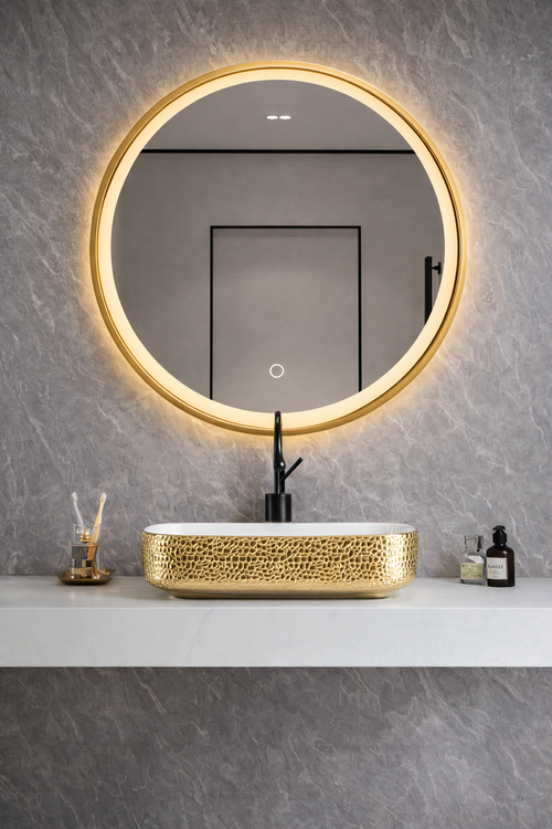 LED mirror S614A with gold frame, Ø 70cm
