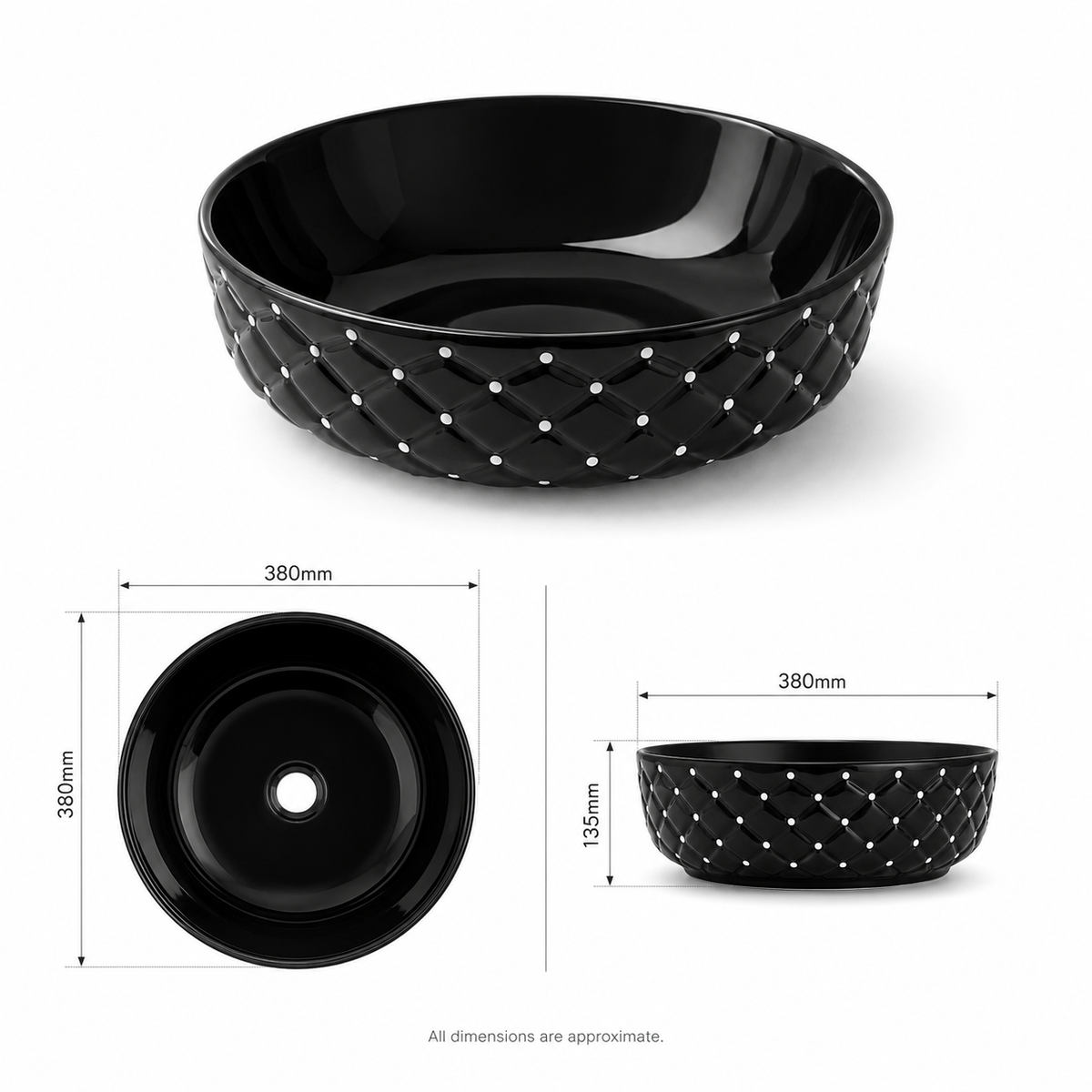 UMIVALNIK črn sijaj z belimi pikami BWD6208, 42,5 × 42,5 × 14,5 cm – 2. pogled