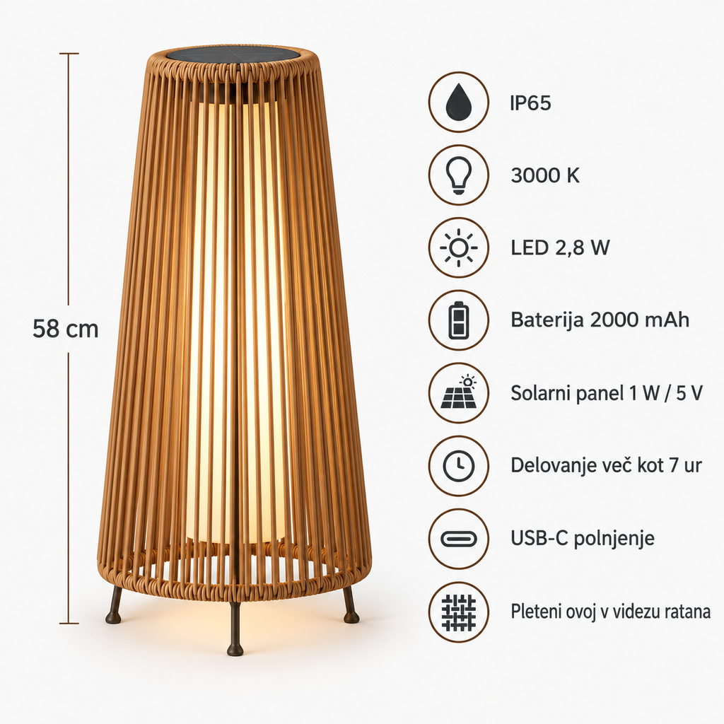 LED solarna vrtna svetilka RATAN S6017 – stožčasta, 58 cm – 2. pogled