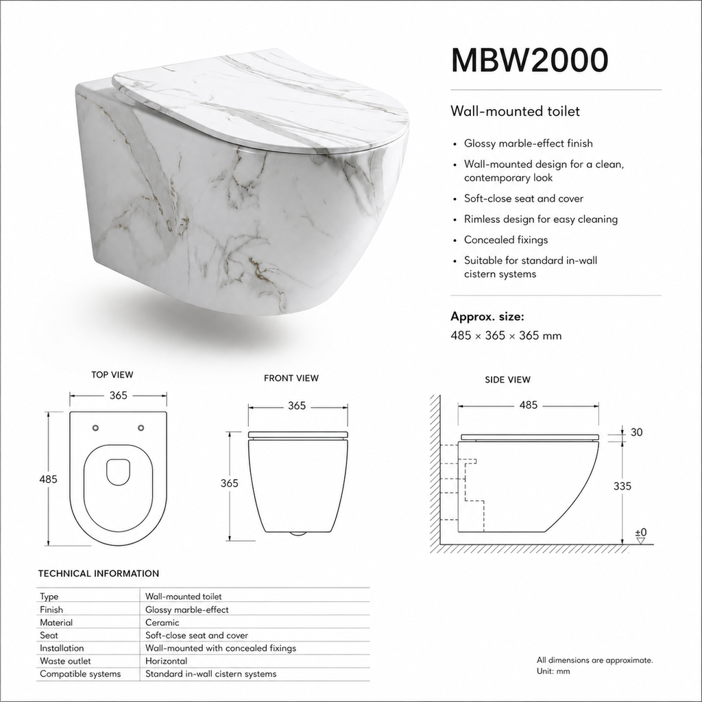 VISEČA WC ŠKOLJKA bela z marmornim vzorcem MBW2000 – 2. pogled