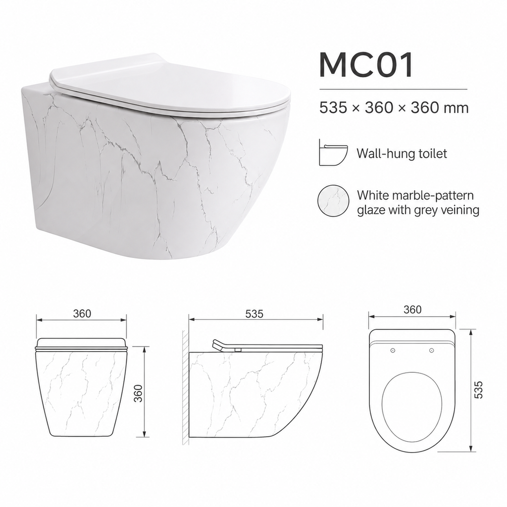 VISEČA WC ŠKOLJKA marmorno bela MC01 – 5. pogled