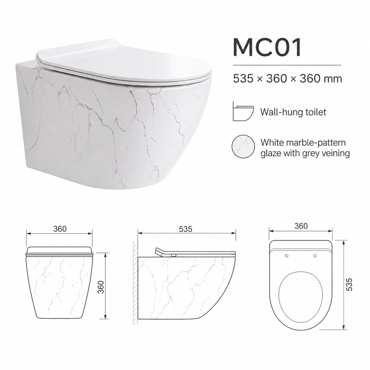 VISEČA WC ŠKOLJKA marmorno bela MC01 – 5. pogled