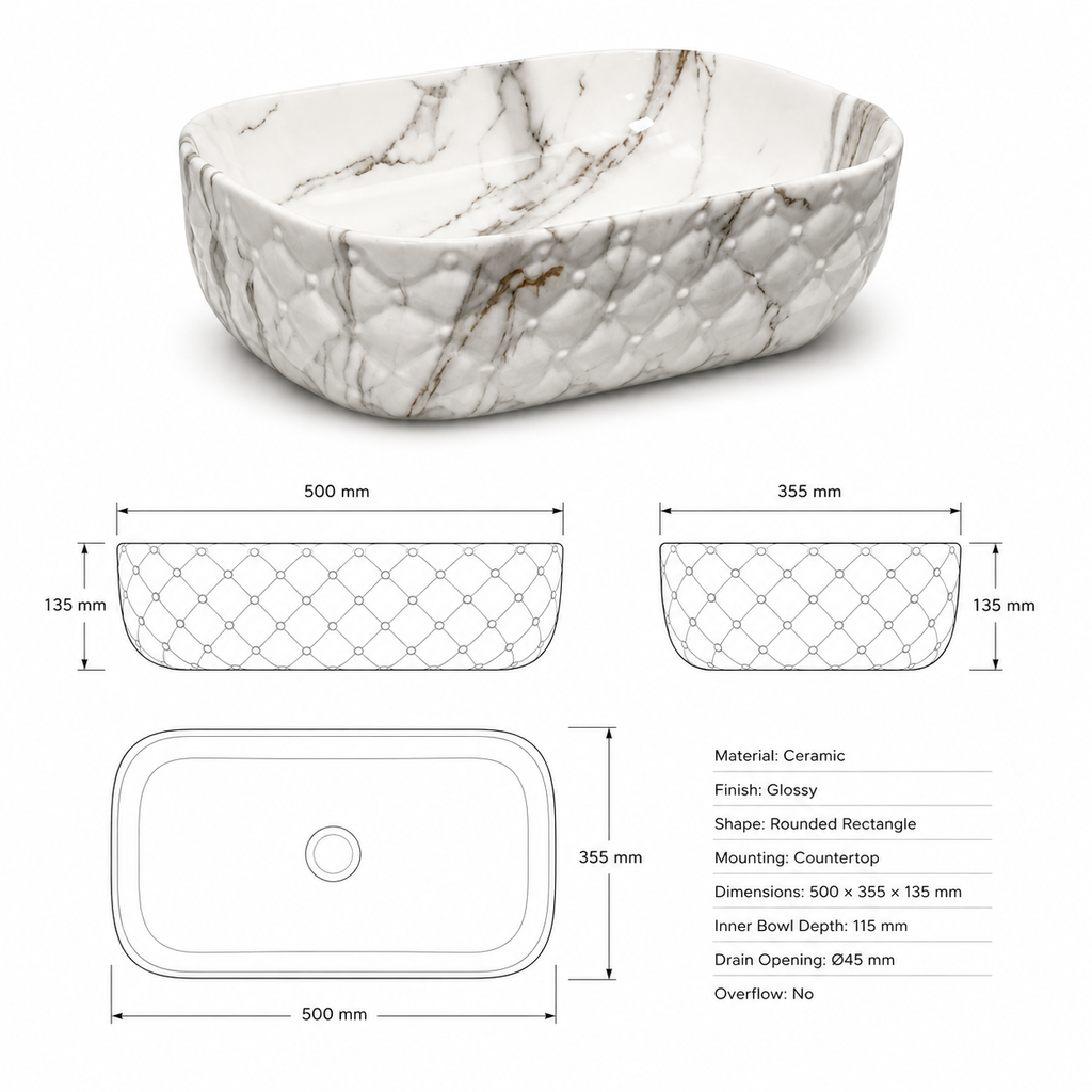 UMIVALNIK bel z marmornim vzorcem MC6210-1, 47 × 33,5 × 13,5 cm – 4. pogled