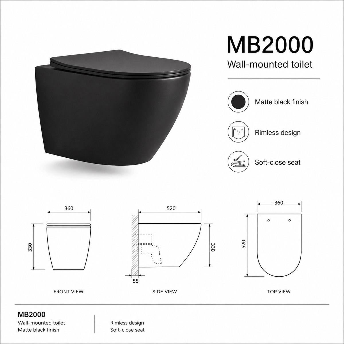 VISEČA WC ŠKOLJKA črna mat MB2000 – 4. pogled