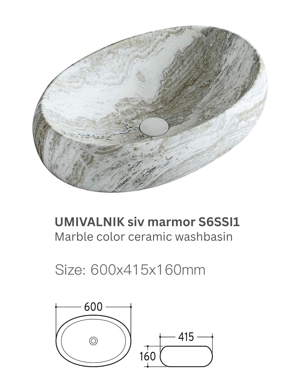 UMIVAONIK sivi mramor S6SSI1, 60 × 41,5 × 16 cm