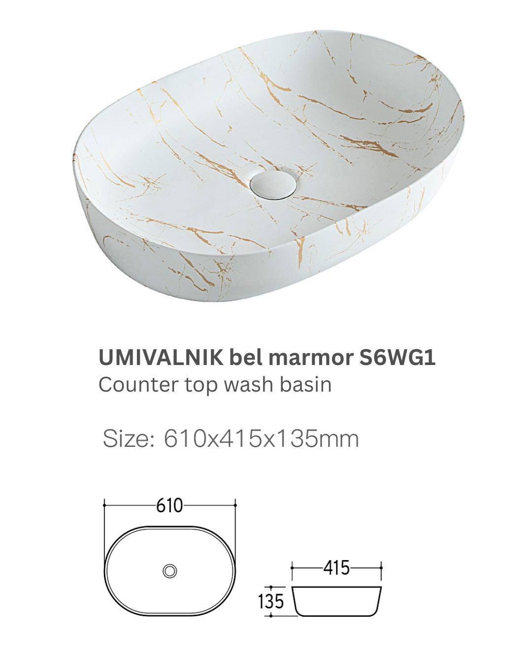 Umivaonik, bijeli mramor, S6WG1, 61 × 41,5 × 13,5 cm