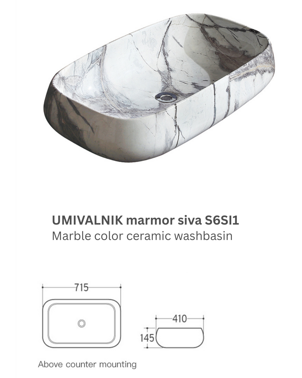 UMIVAONIK mramor bijelo-sivi S6SI1, 71,5 × 41 × 14,5 cm