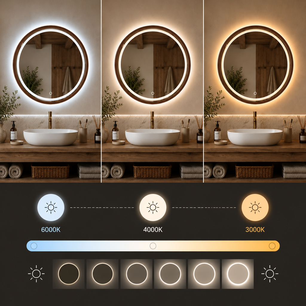 LED ogledalo S614BR, fi 70cm, z lesenim okvirjem v rdeče-rjavi barvi – 6. pogled