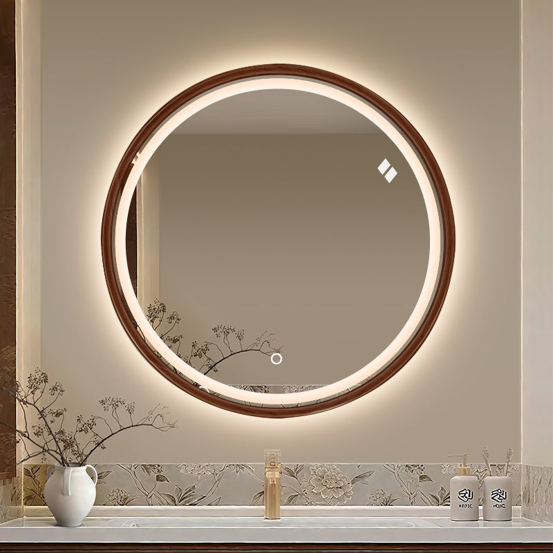 LED mirror S614BR, Ø 70cm, with a reddish-brown wooden frame
