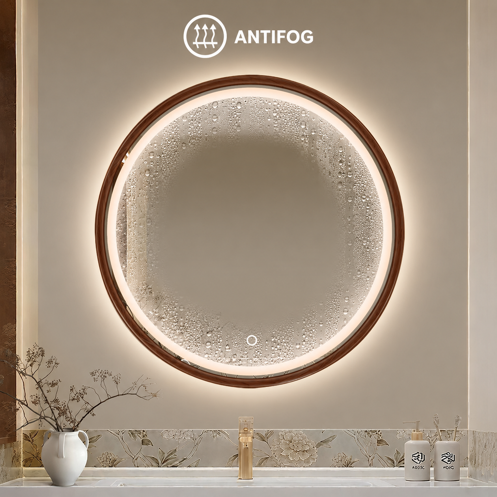 LED ogledalo S614BR, fi 70cm, z lesenim okvirjem v rdeče-rjavi barvi – 2. pogled