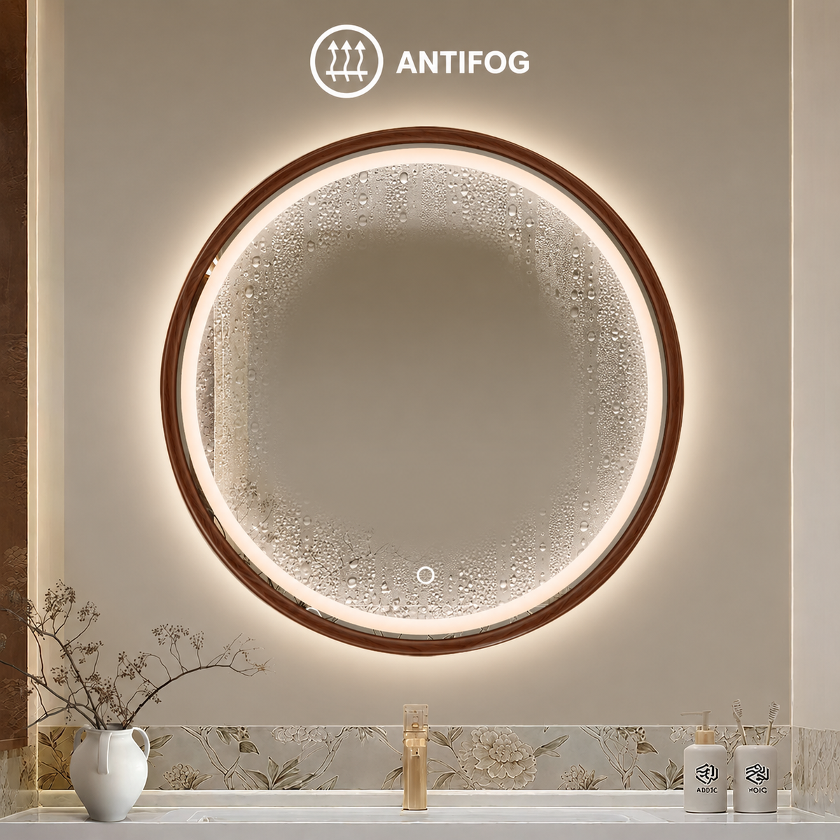 LED ogledalo S614BR, fi 70cm, z lesenim okvirjem v rdeče-rjavi barvi – 2. pogled