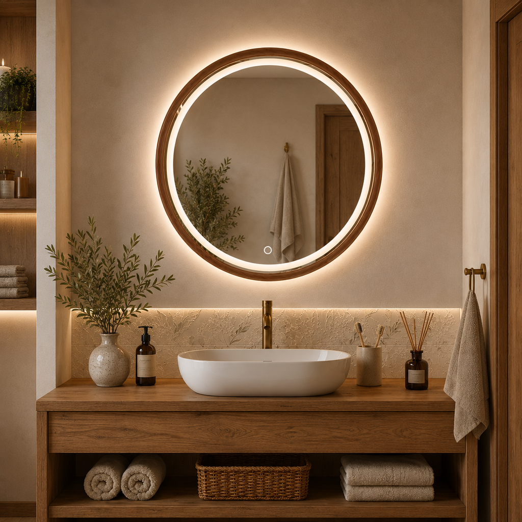 LED ogledalo S614BR, fi 70cm, z lesenim okvirjem v rdeče-rjavi barvi – 5. pogled