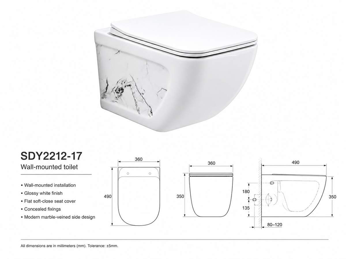 VISEČA WC ŠKOLJKA bela z marmornim vzorcem ob strani SDY2212-17 – 2. pogled