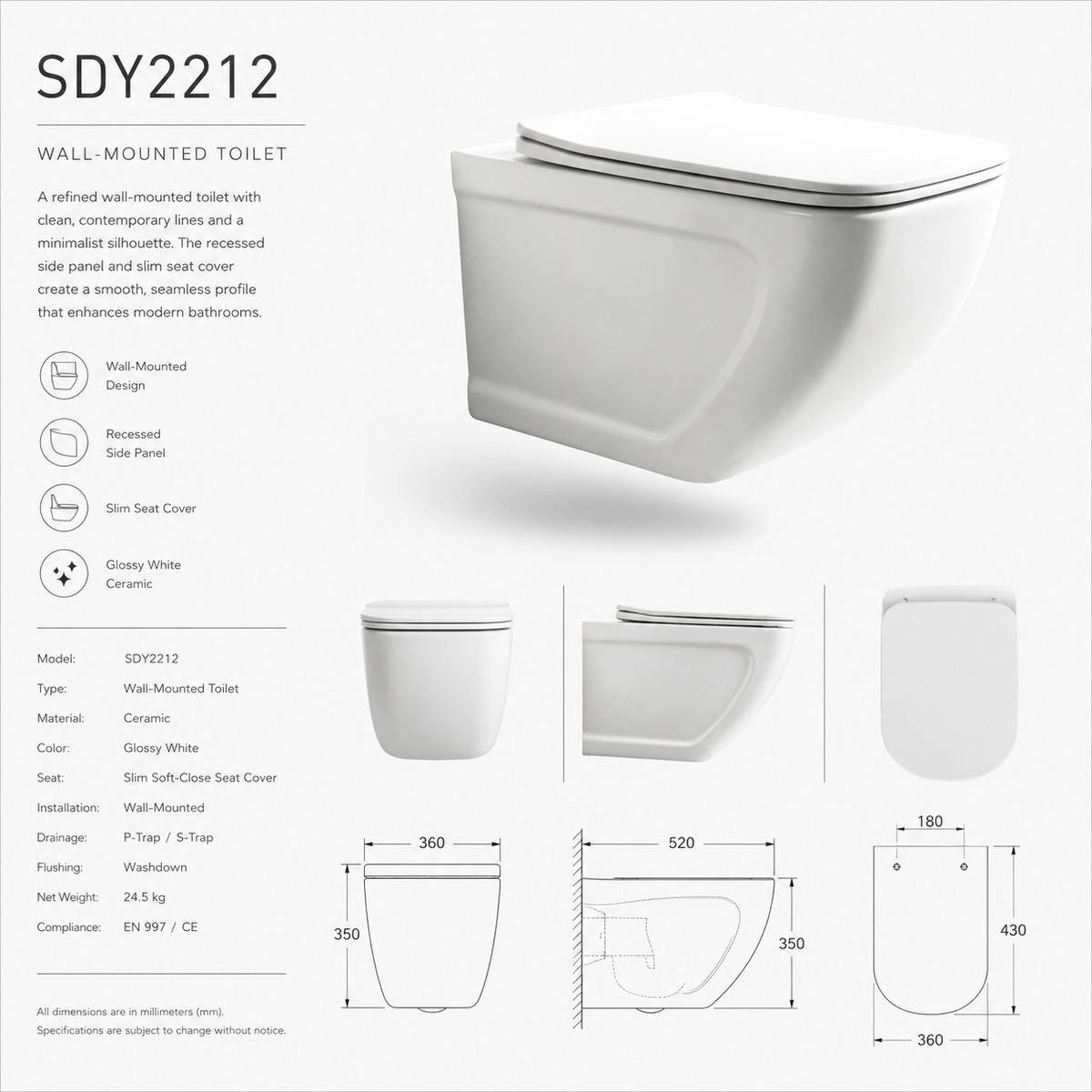 VISEČA WC ŠKOLJKA bela sijaj SDY2212 – 3. pogled