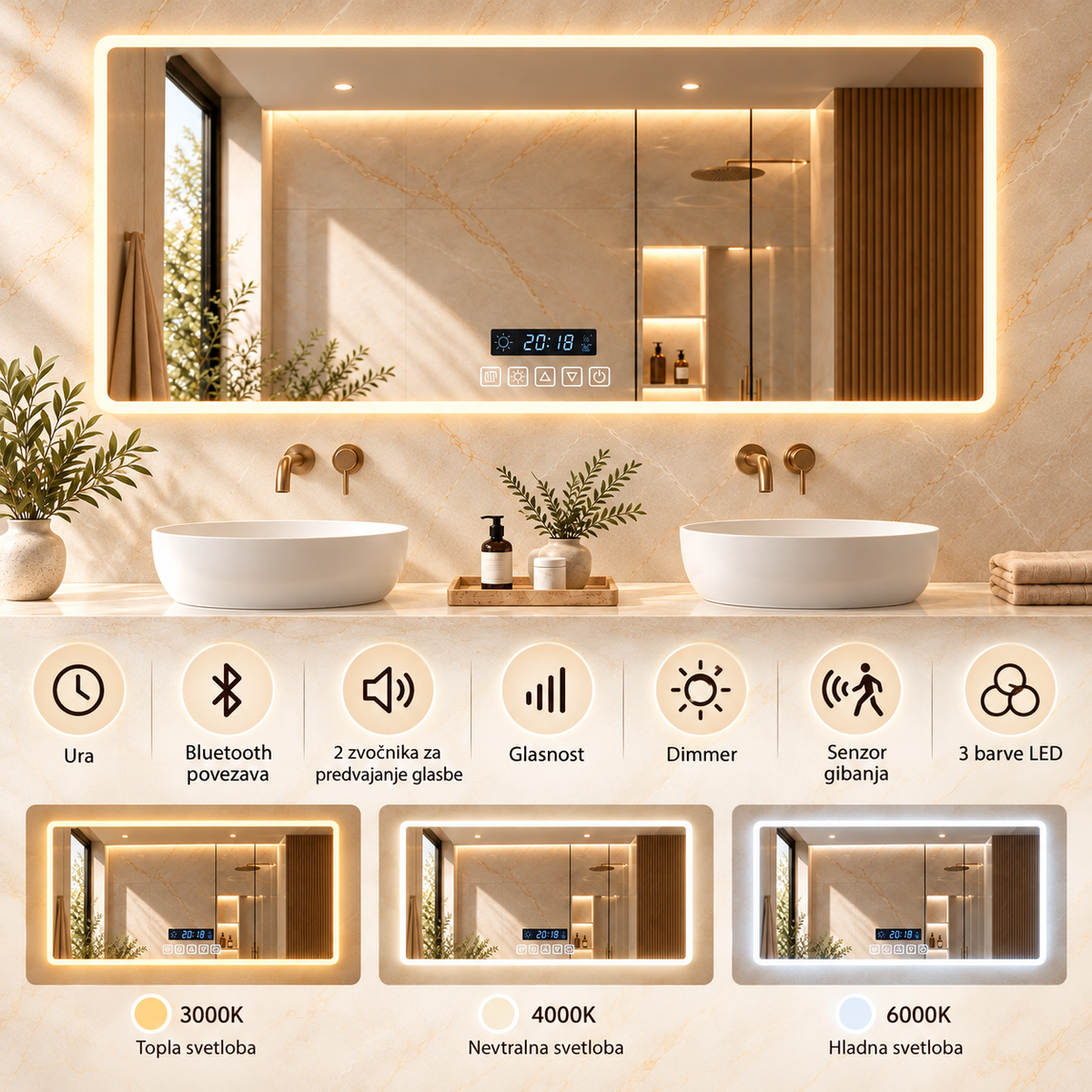 LED ogledalo S65E, 120x60cm, s Bluetooth zvučnikom