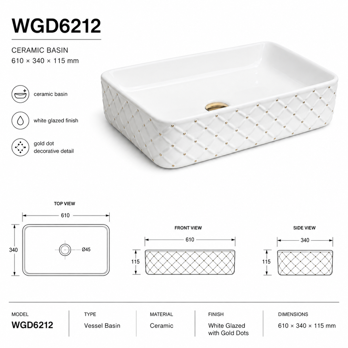 UMIVALNIK bel sijaj z zlatimi pikami WGD6212, 61 × 34 × 11,5 cm – 3. pogled