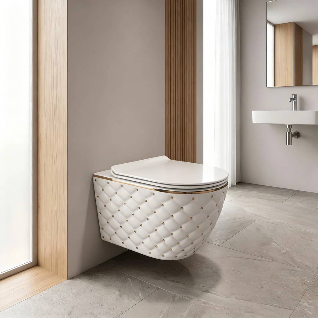 VISEČA WC ŠKOLJKA bela sijaj z zlatimi detajli WGDL2208 – 6. pogled