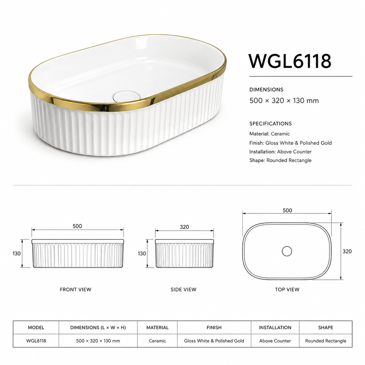 UMIVALNIK bel sijaj z zlatim robom WGL6118, 50 × 32 × 13 cm – 3. pogled