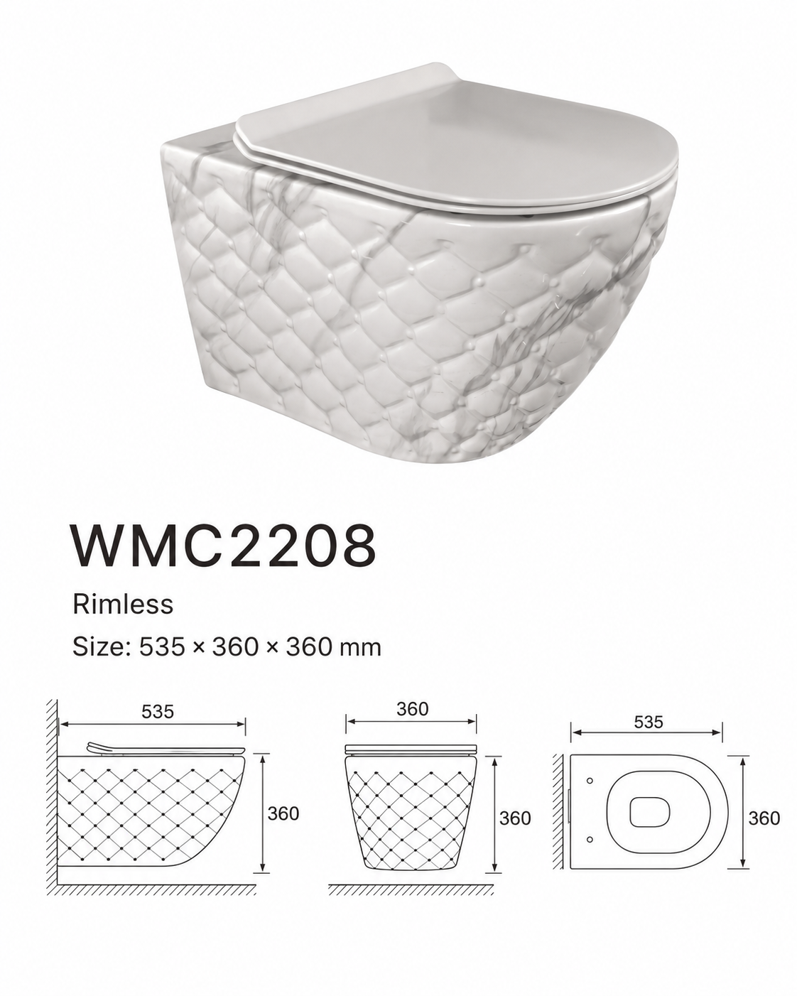 VISEČA WC ŠKOLJKA bela sijaj s sivim marmornim vzorcem WMC2208 – 3. pogled