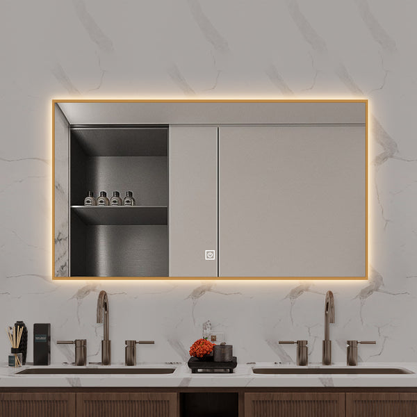 LED mirror S67A with gold frame, 100x60cm, ambient lighting