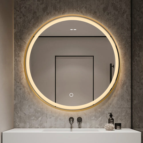 LED mirror S614A with gold frame, Ø 70cm