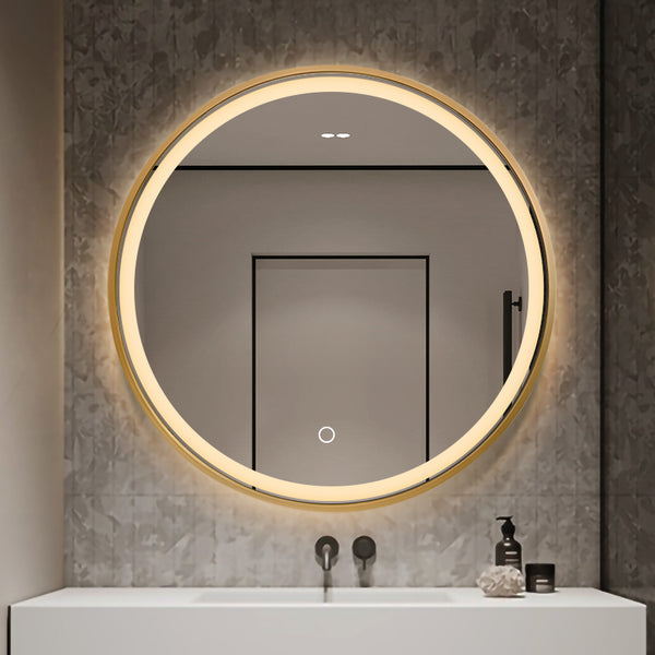 LED mirror S614A with gold frame, Ø 70cm