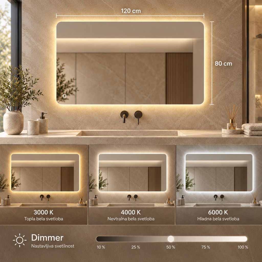 LED ogledalo S645A, 120×80 cm / 80×120 cm, ambientalna osvetlitev