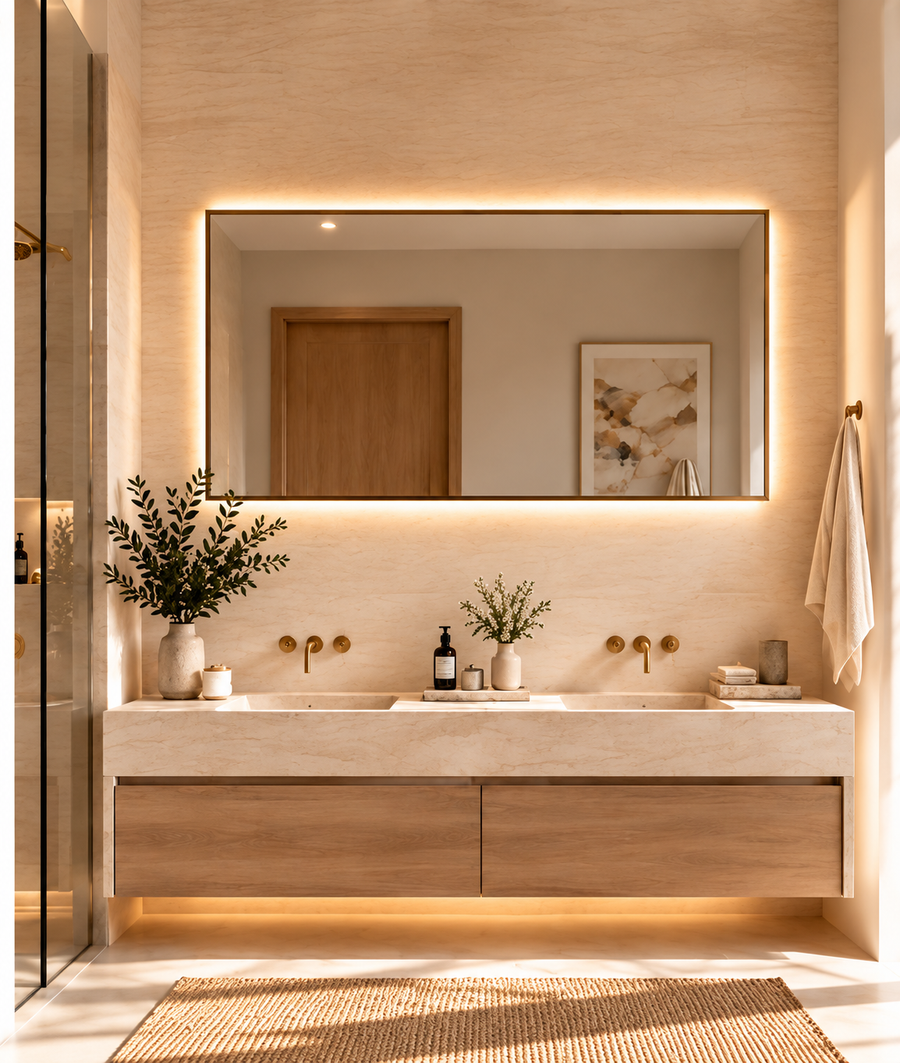 The same bathroom with a mirror: Rectangular