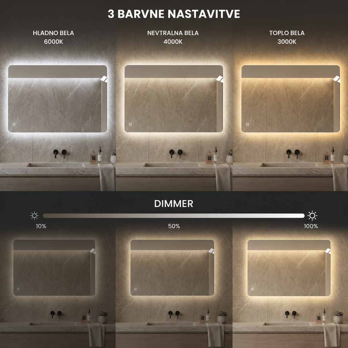 LED ogledalo S645A, 120×80 cm / 80×120 cm, ambijentalna rasvjeta