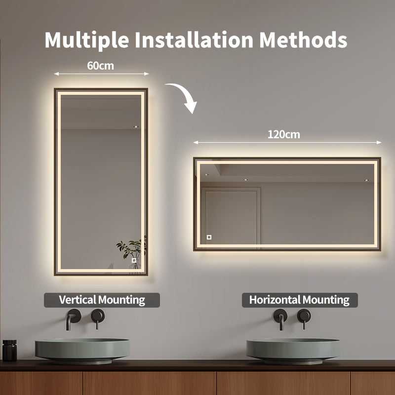 LED ogledalo S66BR z lesenim okvirjem v rdeče-rjavi barvi, 120x60cm / 60x120cm – 3. pogled