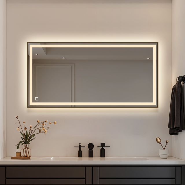 LED ogledalo S66BR z lesenim okvirjem v rdeče-rjavi barvi, 120x60cm / 60x120cm