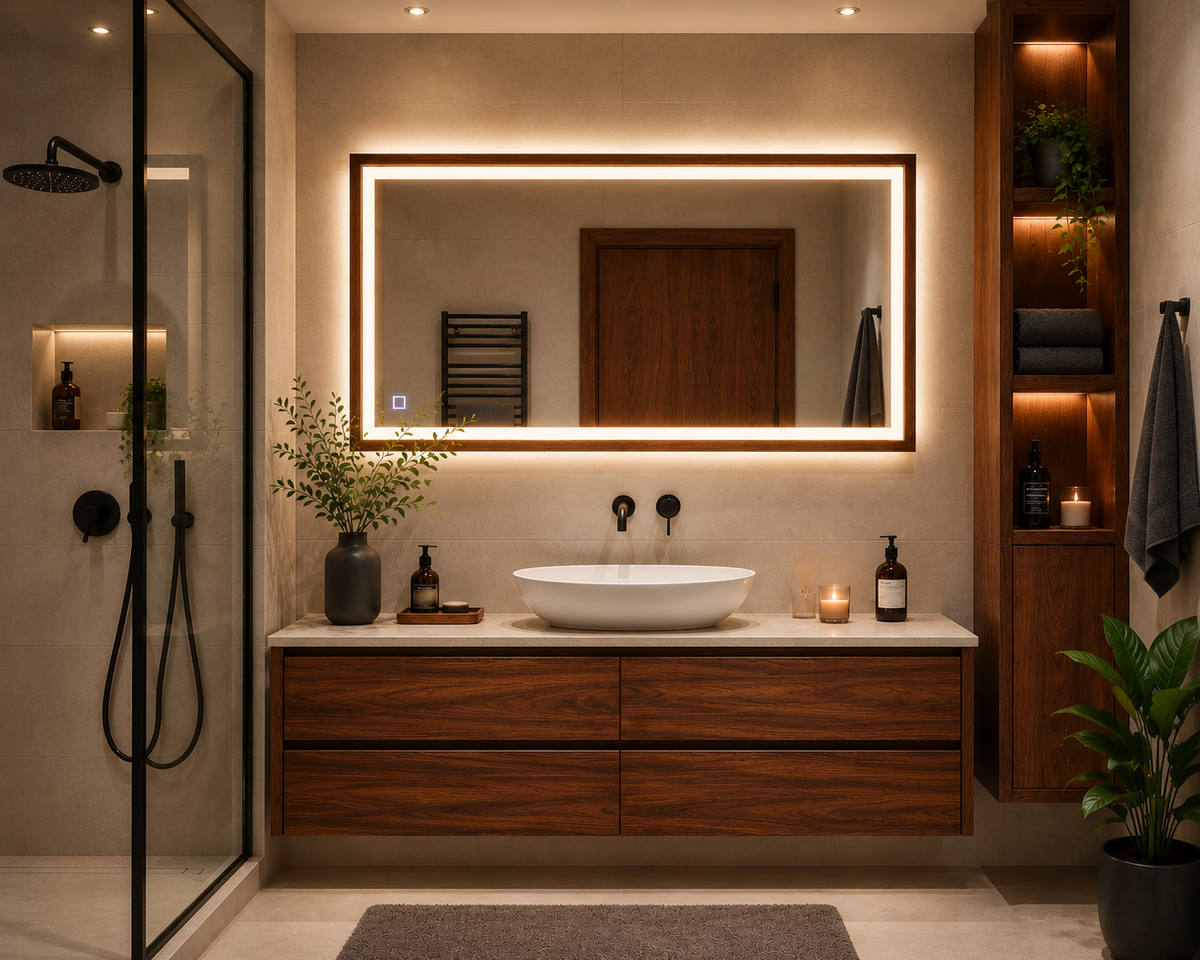 LED ogledalo S66BR z lesenim okvirjem v rdeče-rjavi barvi, 120x60cm / 60x120cm – 6. pogled
