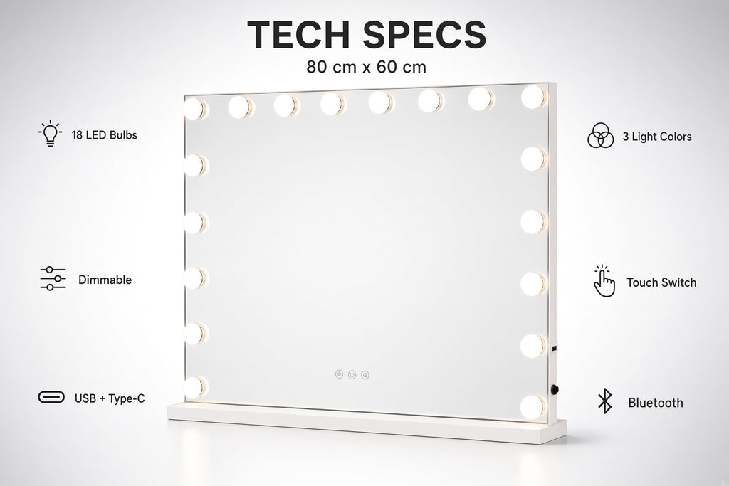 Make-up LED OGLEDALO Hollywood S6H02B, 80 × 60 cm z Bluetooth zvočnikom – 4. pogled