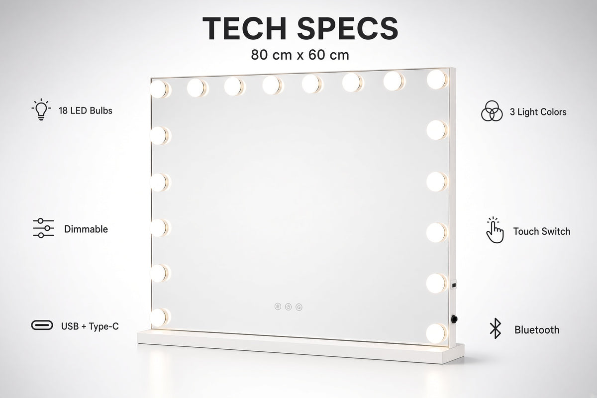 Make-up LED OGLEDALO Hollywood S6H02B, 80 × 60 cm z Bluetooth zvočnikom – 4. pogled