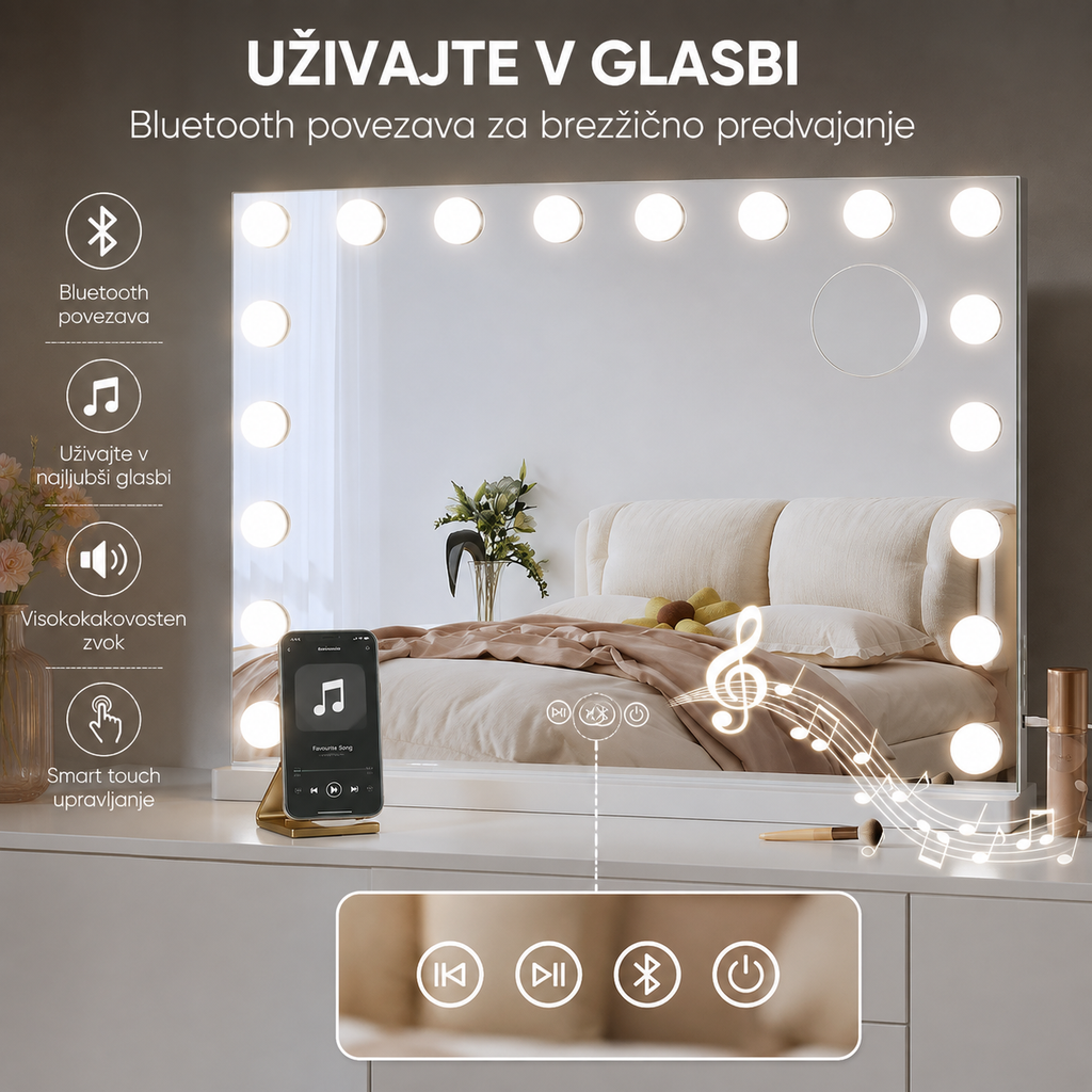 Make-up LED OGLEDALO Hollywood S6H02B, 80 × 60 cm z Bluetooth zvočnikom – 2. pogled