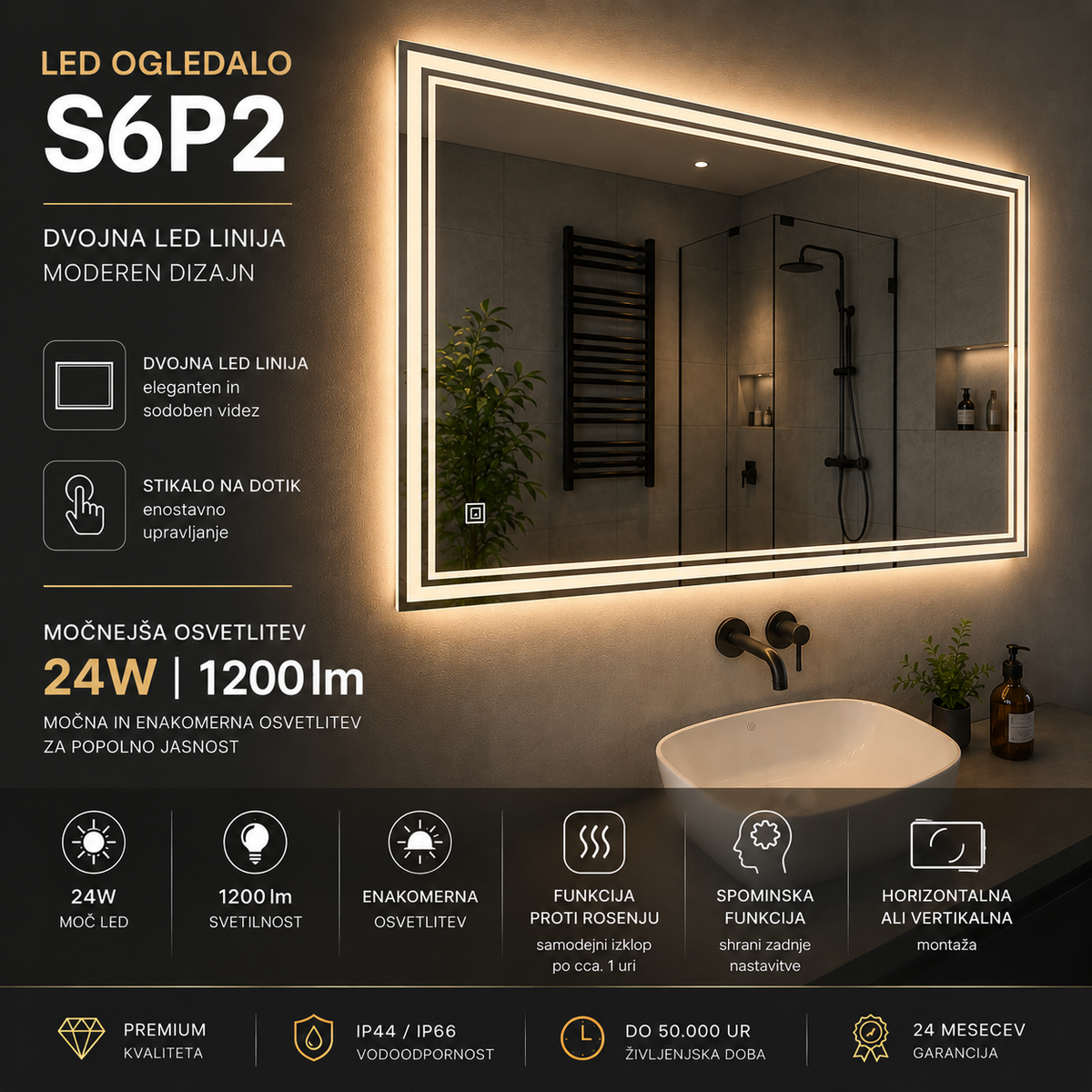 LED ogledalo S6P2, 100x60cm / 60x100cm