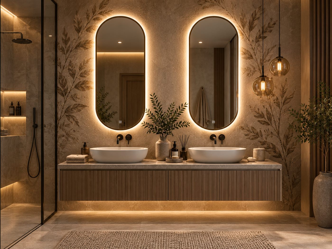 Bathroom with two illuminated oval mirrors and a wooden vanity unit