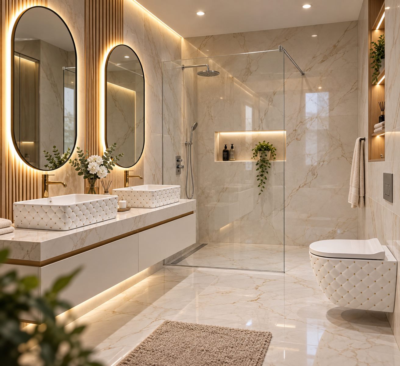 Bathroom with two oval LED mirrors above a double vanity