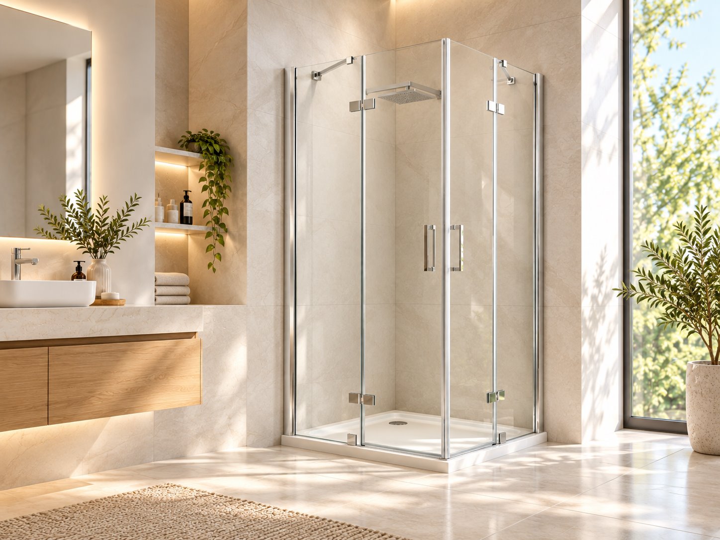 Bright bathroom with a corner shower cabin; editorial illustration, not a photograph of a specific product