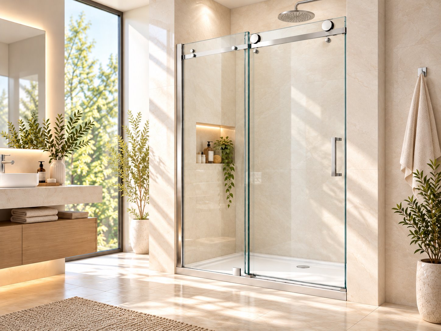 Bright bathroom with sliding glass shower doors; editorial illustration, not a photograph of a specific product
