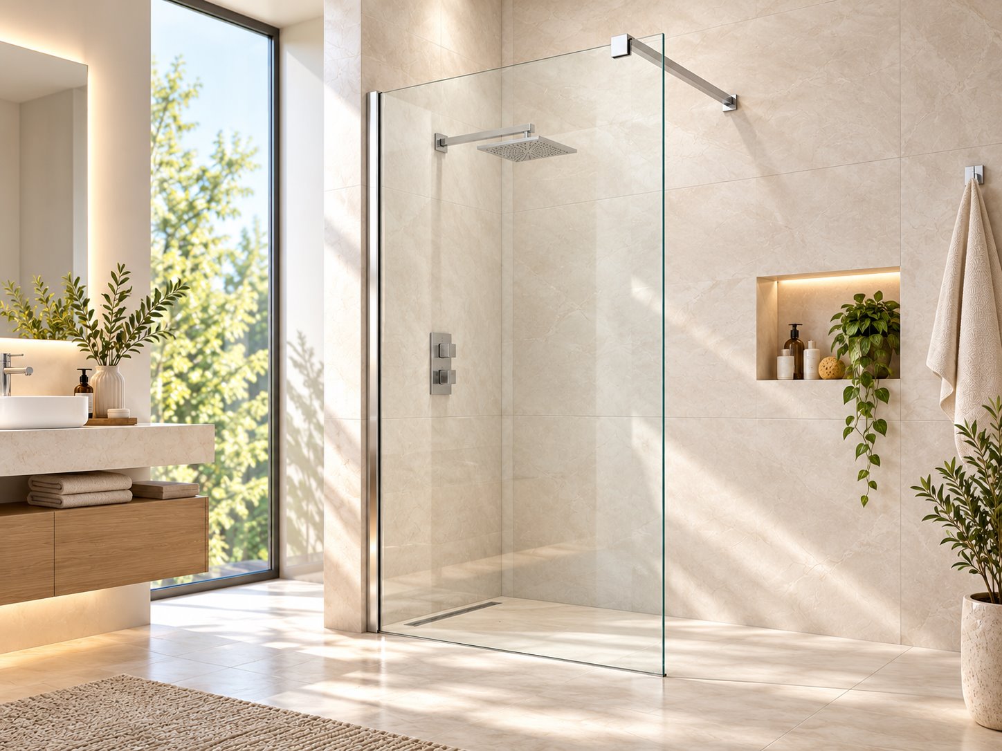 Bright bathroom with a fixed glass shower wall; editorial illustration, not a photograph of a specific product